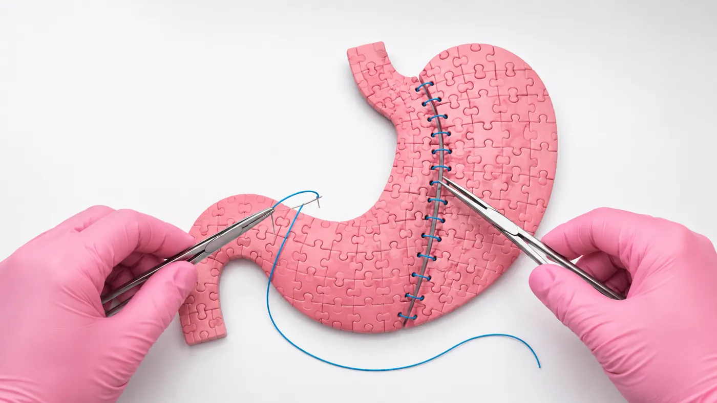 Ilustração de sutura no estômago representando a gastroplastia endoscópica